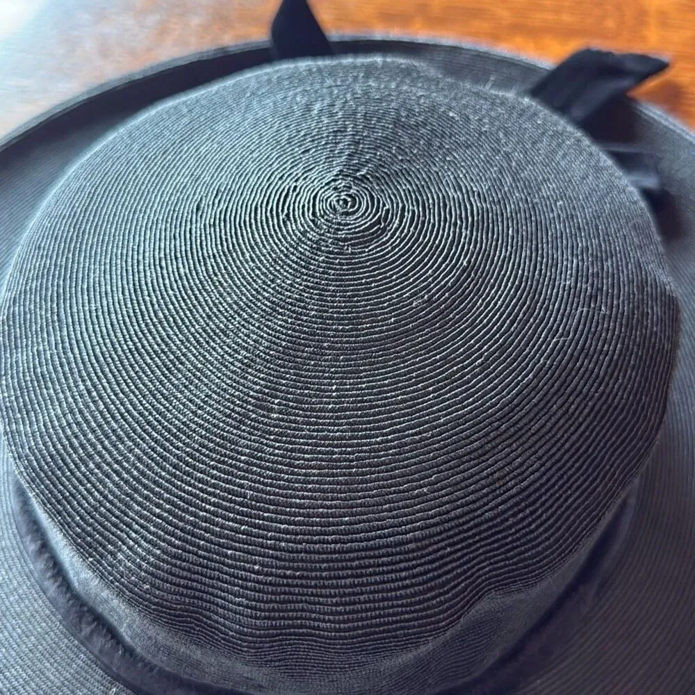 Vintage Black‎ Finely Woven Straw Hat With Black Velvet Bow Women’s Size Small - Picture 3 of 13